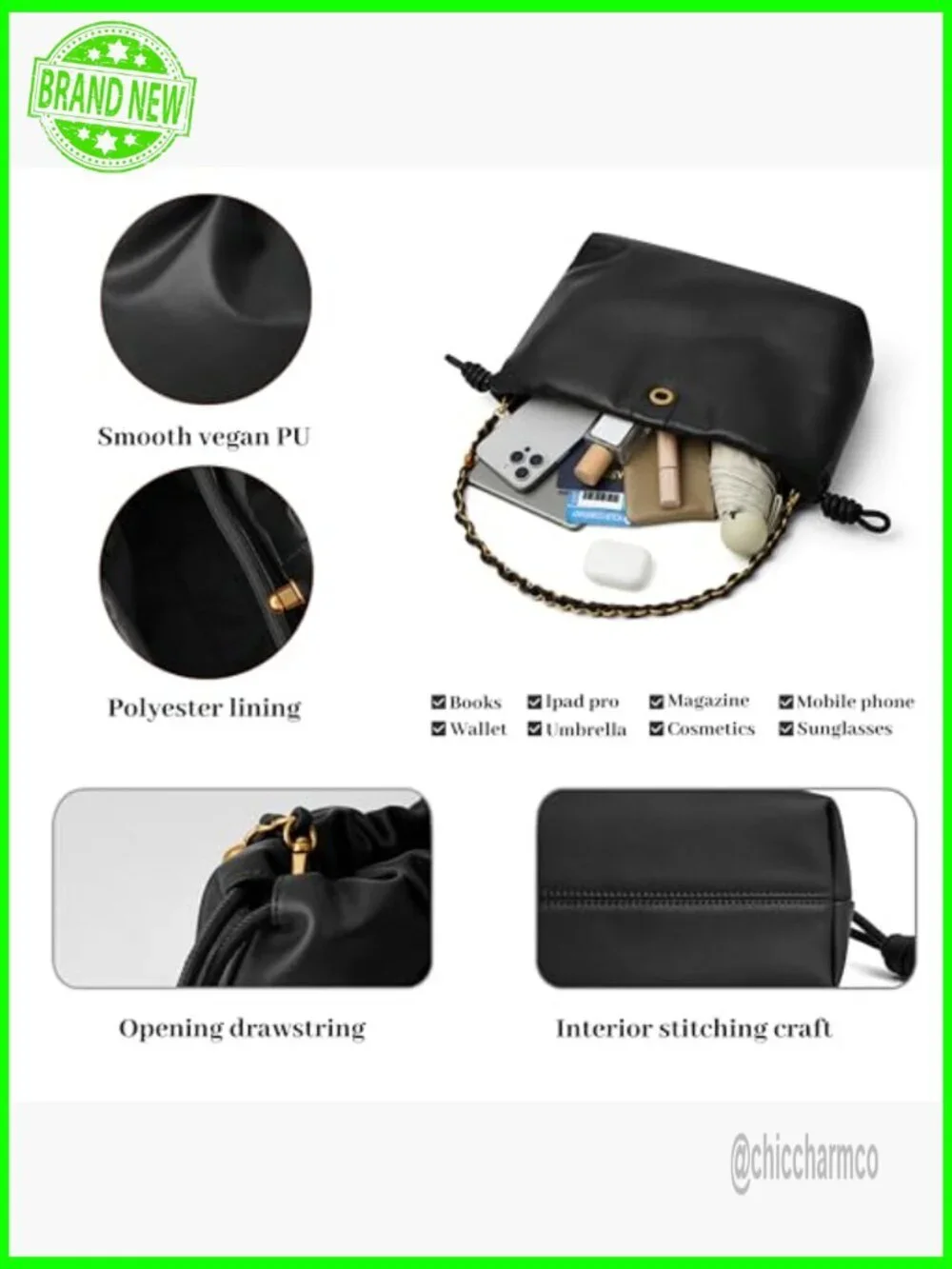 Vegan PU Bucket Hobo Purse with Detachable Straps, 12x8x4 Inches